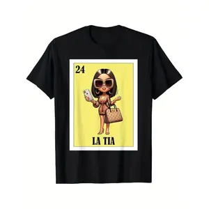 Humorous Mexican La Tia Cartoon Graphic TShirt with Aunt Fresa Phone Design Casual Cotton High Neck Perfect for Family Celebrations and Independence Day