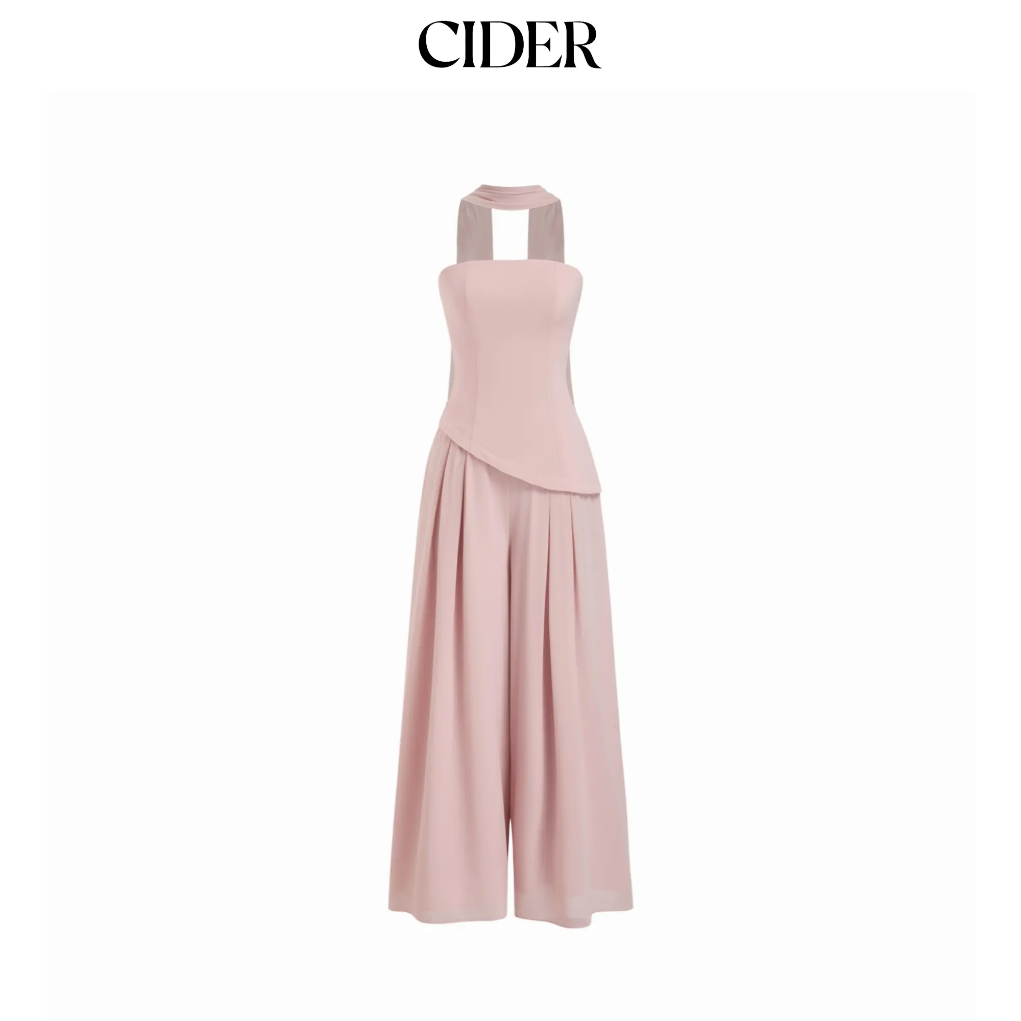 Cider Chiffon Mid Rise Bandeau Asymmetrical Lace Up Wide Leg Jumpsuit With Scarf