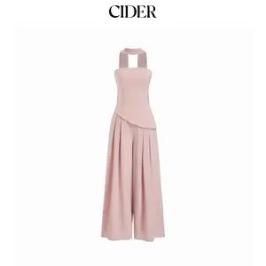 Cider Chiffon Mid Rise Bandeau Asymmetrical Lace Up Wide Leg Jumpsuit With Scarf