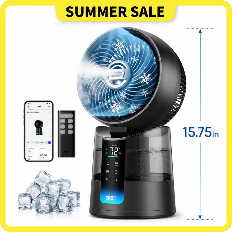 DREO TurboCool Misting Fan 516S, 150°+30° Omni-Directional Oscillating Smart Desk Fan, Evaporative Air Cooler, 26 ft/s, Ultrafine Mist, 20dB Quiet, 6 Speeds & 2 Modes, Remote & App Control, RGB Lighting, Grey