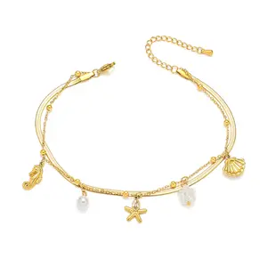 Starfish Anklet, Women's Fashion Ocean Series Double-Layer Foot Accessories Titanium Steel Starfish Scallop Seahorse Multi-Element Beach Anklet Trendy Jewelry Fashionable Jewelry