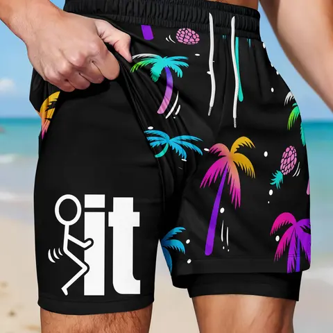 Men's Coconut Tree Letter Fun Lining Shorts, Two-In-One Design Beach Pants, Mid-Waist Hawaiian Vacation Swimwear, Elastic Drawstring Waist, Summer Beach Trunks, Swimsuit Shorts, Swimming Shorts