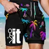 Men's Coconut Tree Letter Fun Lining Shorts, Two-In-One Design Beach Pants, Mid-Waist Hawaiian Vacation Swimwear, Elastic Drawstring Waist, Summer Beach Trunks, Swimsuit Shorts, Swimming Shorts