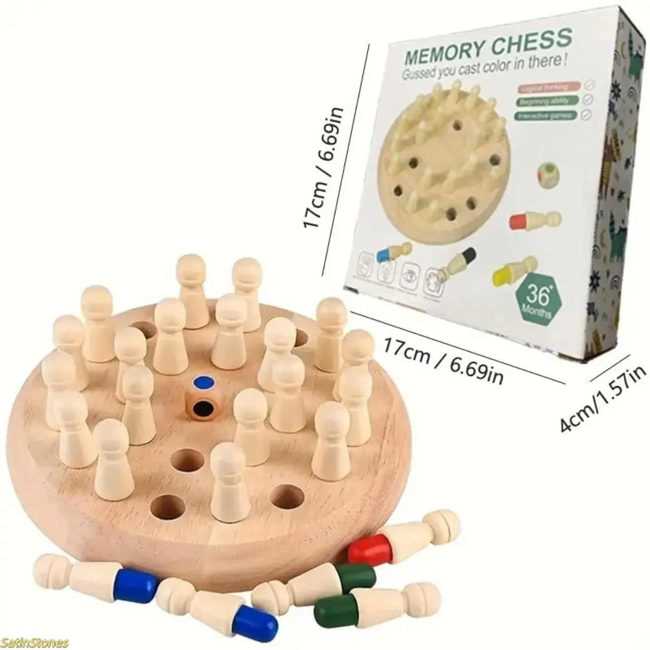 Natural Wood Memory Chess - 36-Piece Interactive Puzzle Toy, 17cm Diameter 4cm Height Portable Compact Wood Item, Memory Training & Observation Brain Toy for All Ages, Ideal Family Game & Holiday Gift