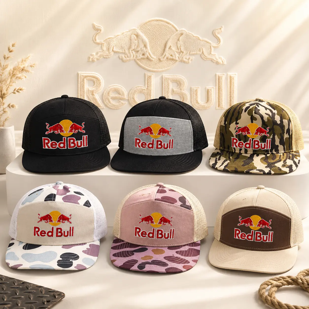 Red Bull 7 Panel Snapback Hat, embroied trucker hat, Beige Flat Bill Cap, Desert Camo Brim, Adjustable Streetwear Logo Hat, Outdoor Casual Trucker Style Cap, Unisex