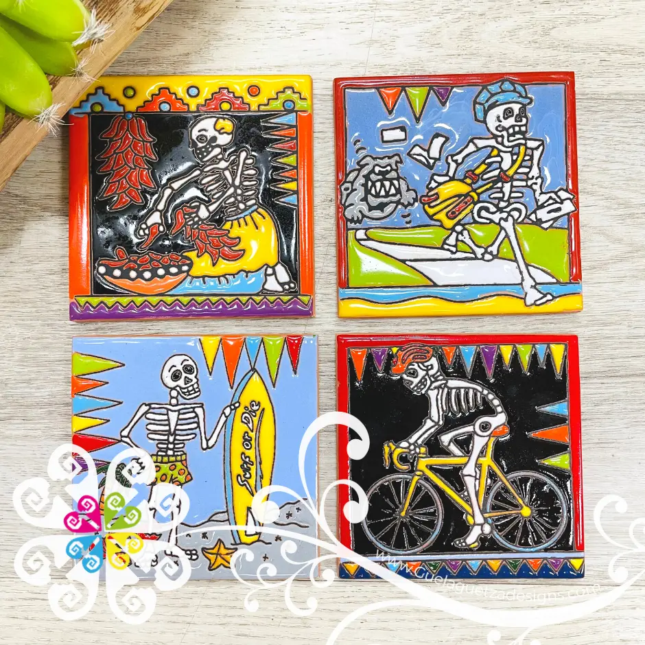 Set of 4 Day of the Dead Coaster Set -  Set of Clay Coasters