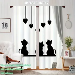 Cute Cat Curtains Set, Transparent Silhouette Design, Polyester Fiber Window Decorations for Living Room & Bedroom