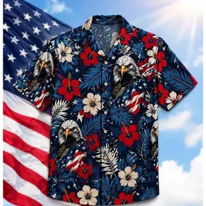 Tee4daddy - Patriotic USA 250 Hawaiian Shirt 1776–2026, Vintage Patriotic Hibiscus Shirt, 250 Years of America Celebration, Men's Hawaiian Shirt - Funny 4th of July Blue, , Quality Fabric