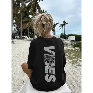 Unisex "VIBES Of Course" Palm Tree Beach T-Shirt Retro Coastal Vibe Design Oversized Soft  Short Sleeve Crew Neck Top Vacation Mode Streetwear Tee