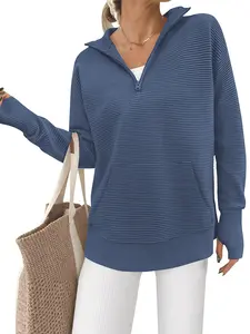 BTFBM Sweaters for Women Fall Winter Clothes Pocket Quarter Zip Pullover V Neck Long Sleeve Knit Trendy Sweater