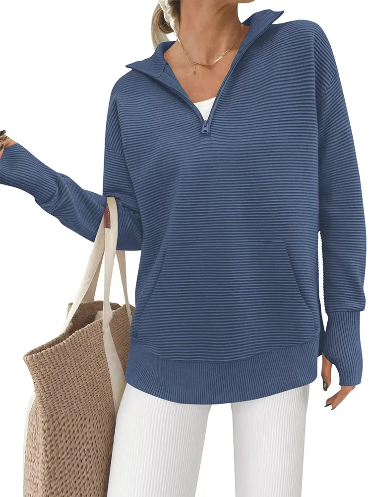 BTFBM Sweaters for Women Fall Winter Clothes Pocket Quarter Zip Pullover V Neck Long Sleeve Knit Trendy Sweater