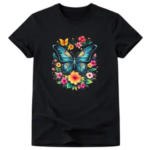 Fashionable Women's Short Sleeve T-Shirt with Butterfly and Flower Print in Cotton