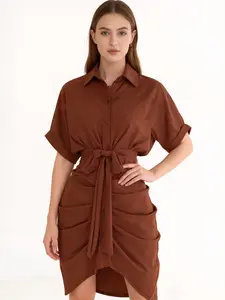 Women's Spring Summer Casual Batwing Sleeve Shirt Dress, Pure Color Waist Cinched Pleated Design, Short Sleeves Belted Single Button