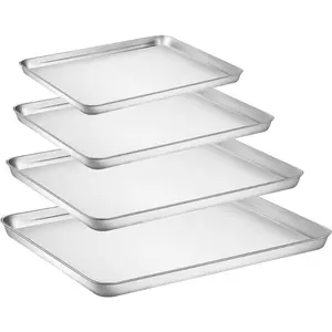Baking Sheet Set of 4-Stainless Steel Baking Pan Tray Cookie Sheet, Non Toxic, Healthy, Mirror Finish, Rust Free, Easy Clean, Dishwasher Safe (16in 12in 10in 9in)
