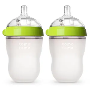 Comotomo Anti-Colic Unisex 8oz Green Silicone Leak-Proof Skin-Like Breastfeeding Baby Bottle, Double Pack