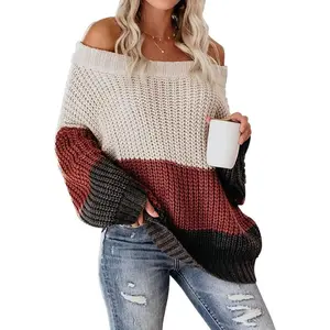 Womens Oversized Sweater Color Block Off The Shoulder Pullover Sweaters Cable Knit Chunky Striped Tops