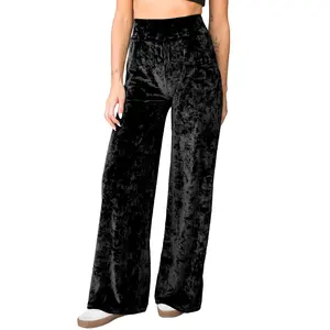 Daisy Del Sol Women's Black Lush Crushed Velvet Casual Loungewear Mid to High Rise Elastic Waist Stretch Knit Loose Fit Straight Wide Leg Palazzo Pants