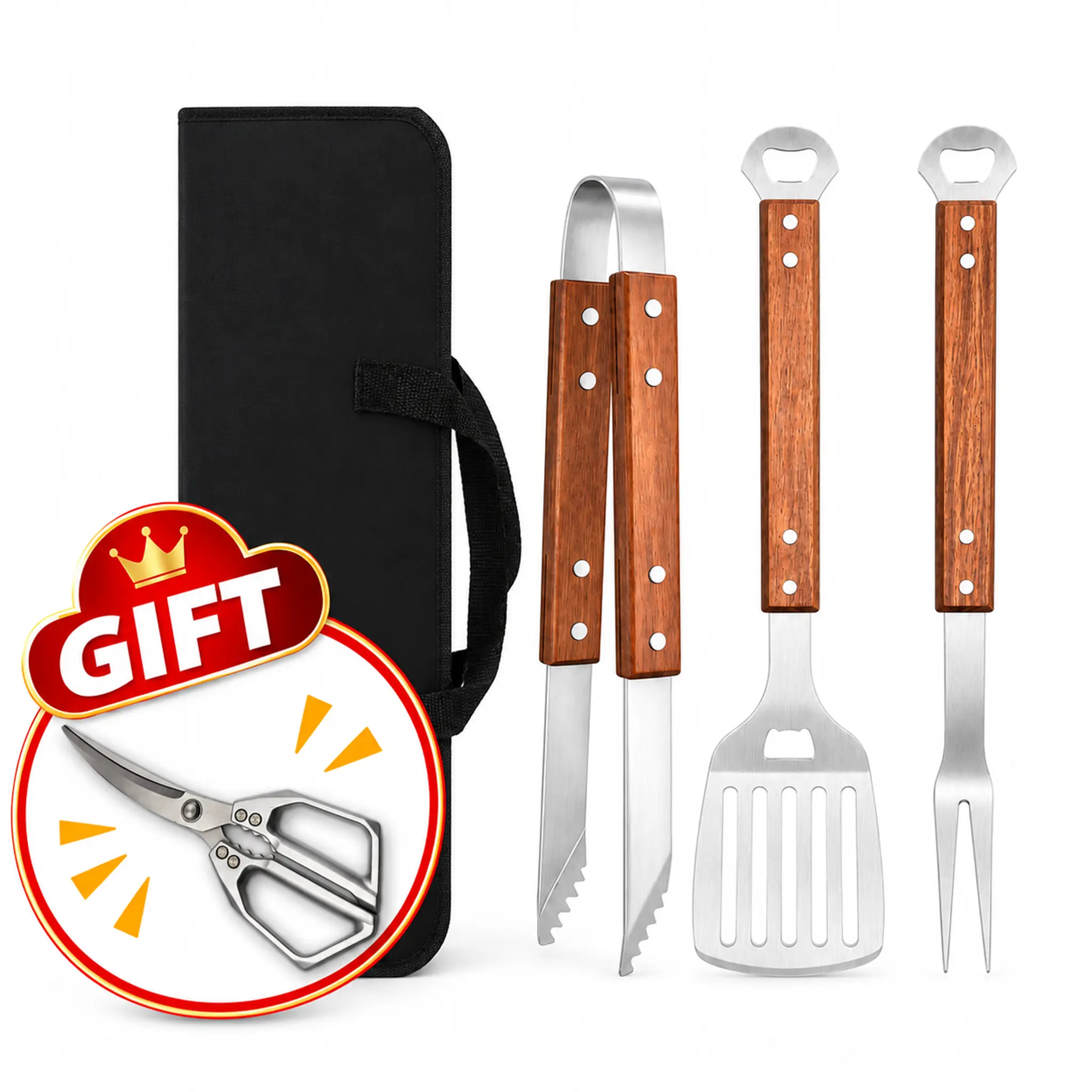 4-Piece BBQ Tool Set with Wooden Handles and Storage Bag, Stainless Steel Spatula Fork Tongs and Heavy-Duty Grill Scissors for Outdoor Cooking