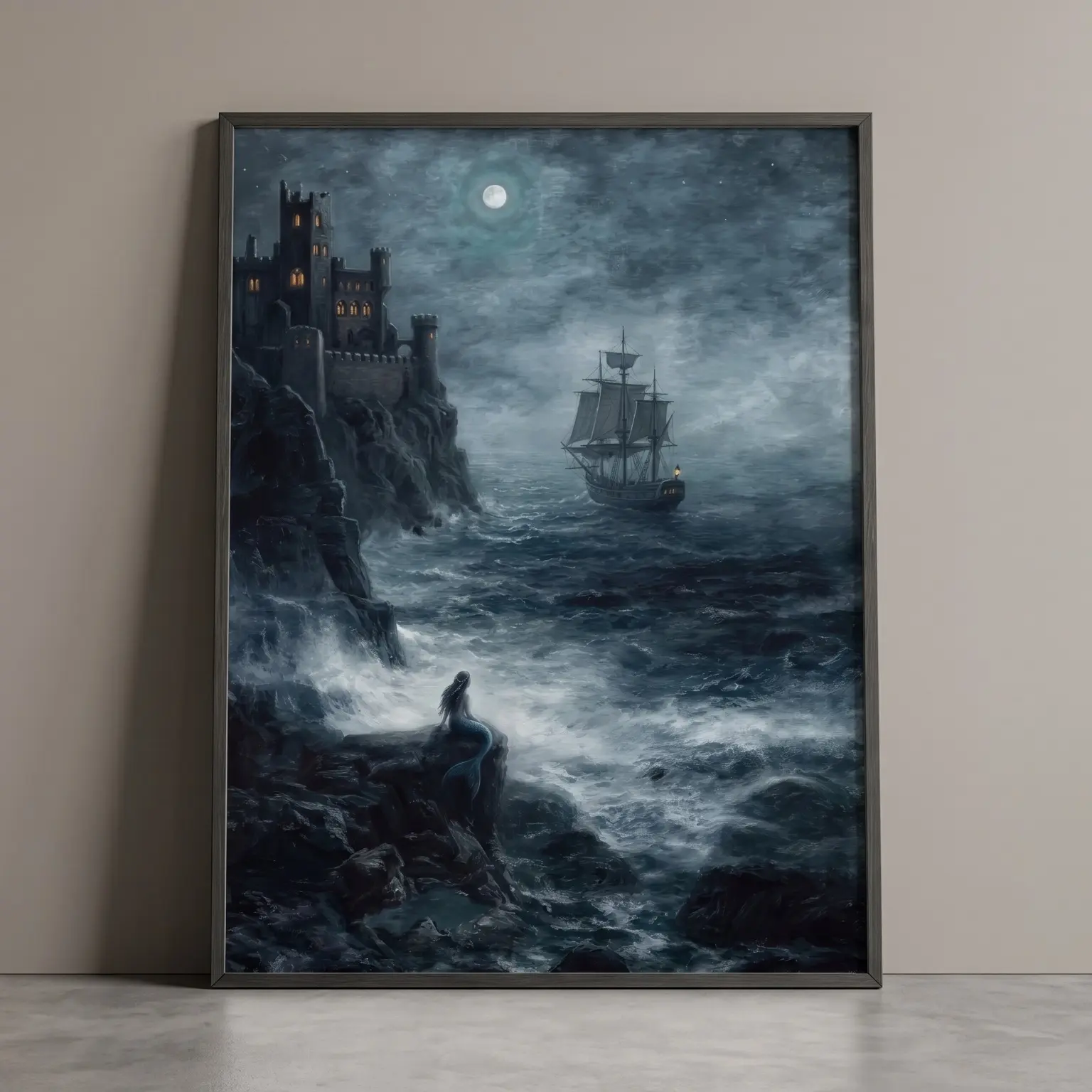 Mermaid Castle Poster Gothic Sea Wall Art, Moonlit Ocean Print Dark Academia Fantasy Decor, Mystic Siren Ship Painting,  Unframed Poster Print for Living Room Bedroom Aesthetic Haunted Home