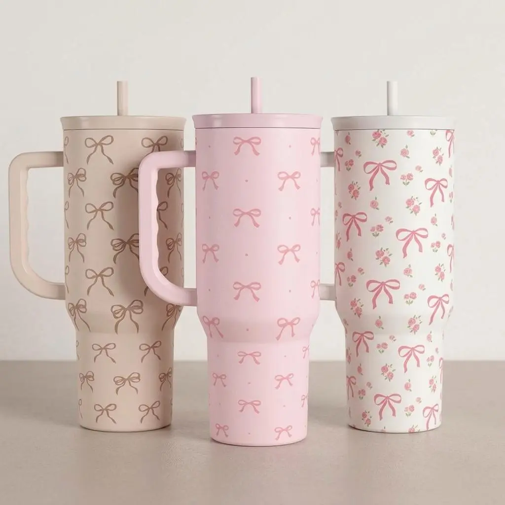 SANDJEST Coquette Bow Prints 40oz Stainless Steel Slider Tumbler with Handle, Single Cup, Vacuum Insulated Hot-Cold Drinkware, Cup Holder Friendly Women's Gift Ideas