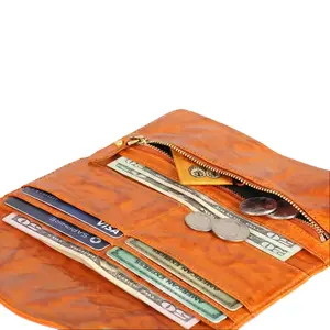 Genuine natural tanned Leather Long Flap Wallet - Premium tumbled Full-Grain Cowhide Phone Organizer - Multiple Card Slots - YKK Zipper