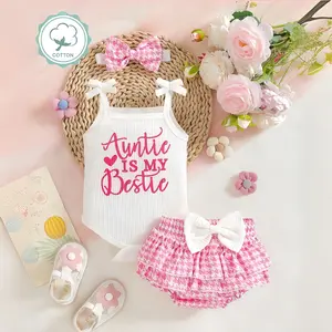 Toddler Baby Girls Summer 3Pcs Outfit, "Auntie Is My Bestie" Ribbed Suspender Bodysuit + Houndstooth Bloomers + Headband Set