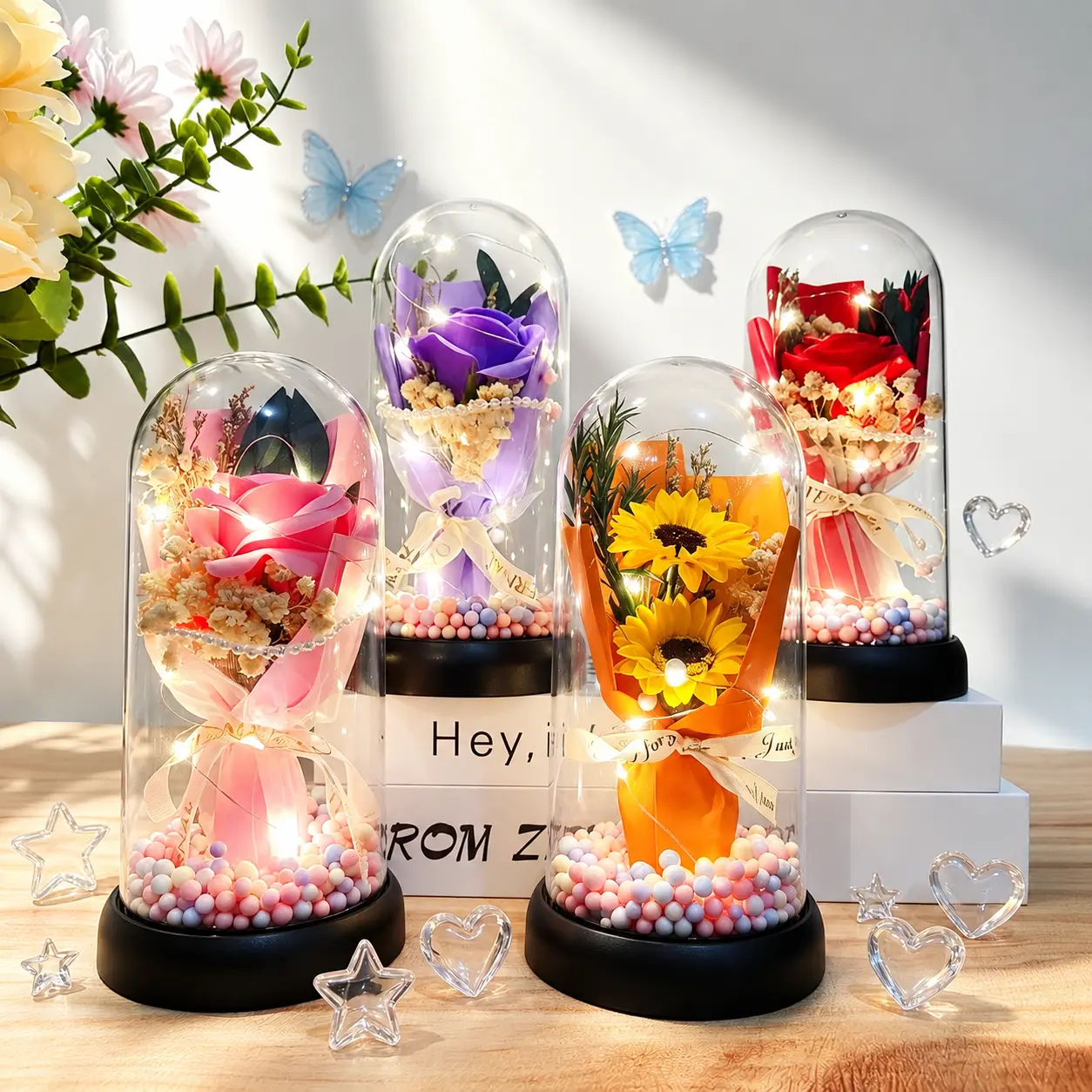 Lighted Acrylic Dome Eternal Flower Bouquet - Preserved Soap Roses, Carnations, Tulips, Mothers Day Gift, Love Gift for Mom, Ideal for Valentine’s Day
