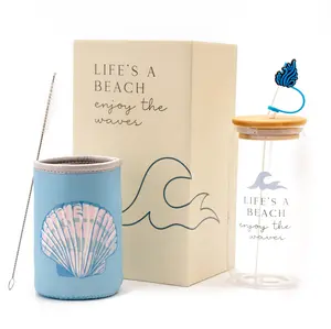 Seas The day Ocean-Themed Glass Tumbler Gift Set – 16oz Cup with Lid, Straw, and Accessories