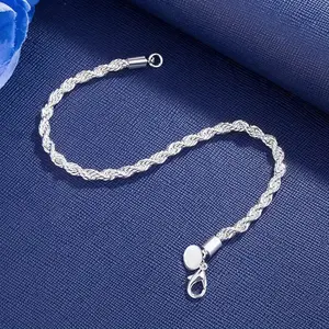 925 Sterling Silver Unisex 4mm Rope Chain Bracelet for Men Women Twisted Link Classic Simple Jewelry