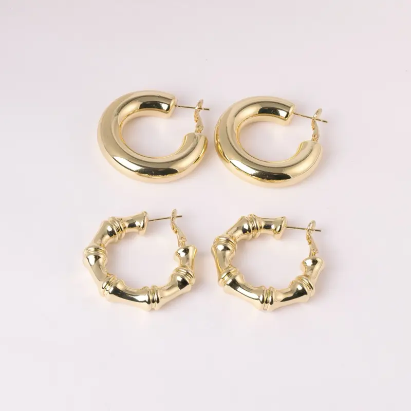 14K Laminated Gold Hoop Earrings - Bamboo Model, Chunky Model, Contemporary Classic Earrings for Females Adults, Everyday Wear Costume Jewelry