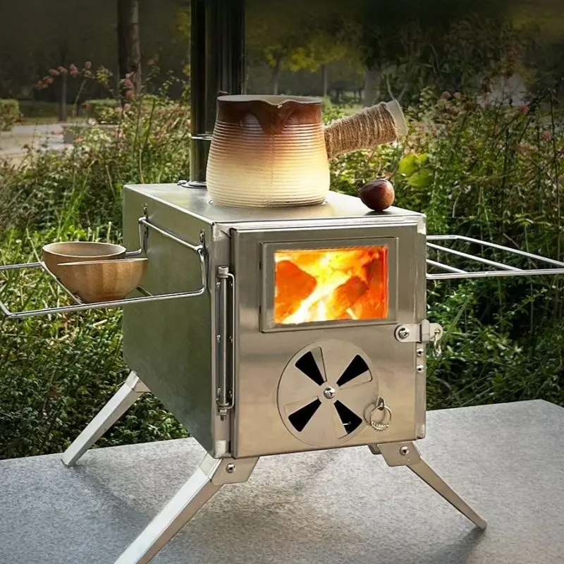 Portable wood stove suitable for camping, compact tent stove with a large firebox, highly airtight and suitable for outdoor cooking and heating water.