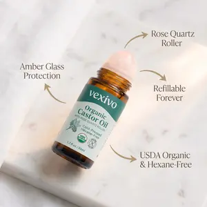 USDA Organic Castor Oil Roll On - Cold Pressed, Hexane Free, Rose Quartz Roller in Refillable Amber Glass