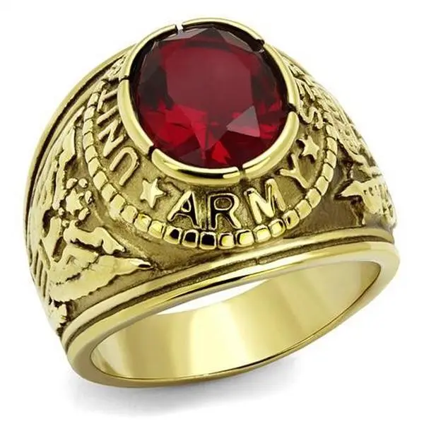 Lanyjewelry Men's Military Style Gold IP Stainless Steel Ring with Oval Cut Ruby & Sparkly Cubic Zirconia, a Hypoallergenic Male Wedding Band or Promise Ring for Sensitive Skin