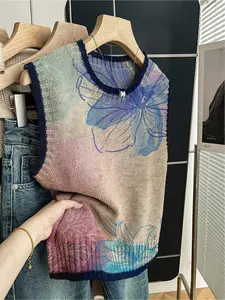 1 Piece Women's Loose Crew Neck Sleeveless Knit Top, Spring Summer Casual Style, Dark Blue Trim, Contrast Gradient Print, Can Be Worn Alone or with Vest, For Daily Outdoor Wear, Sleeveless Graphic Vest, Casual Comfy Vests