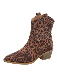 Women's Embroidered Western Cowboy Boots, Mid-Calf Chelsea Boot, Sexy Leopard Print Style, Perfect for Sweaters & Casual Wear, Rubber, Cowgirl Western Boots