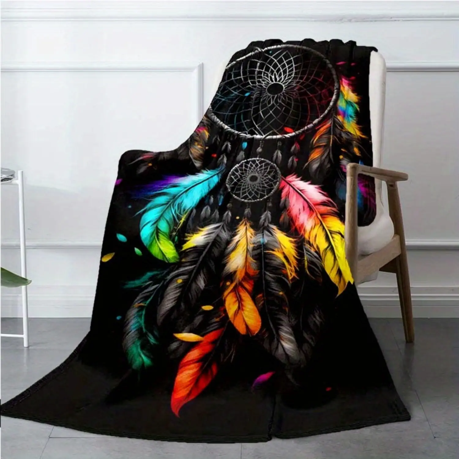 Feather Print Dream Catcher Throw Blanket - 100% Soft Polyester, 60x80in (150x200cm, 2.16m²+), All-Season Warm Cozy, Large Size for Sofa, Holiday Festive Home Decor, 60X80in（150×200Cm）