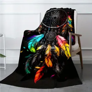 Dream Catcher Feather Design Polyester Blanket - 100% Soft Polyester, Warm Cozy Throw for Sofa, Bed, Chair, Travel, Camping - Large Size, Fits Longest Side Over 70.87inch, Area Over 2.16m² - Versatile for All Seasons