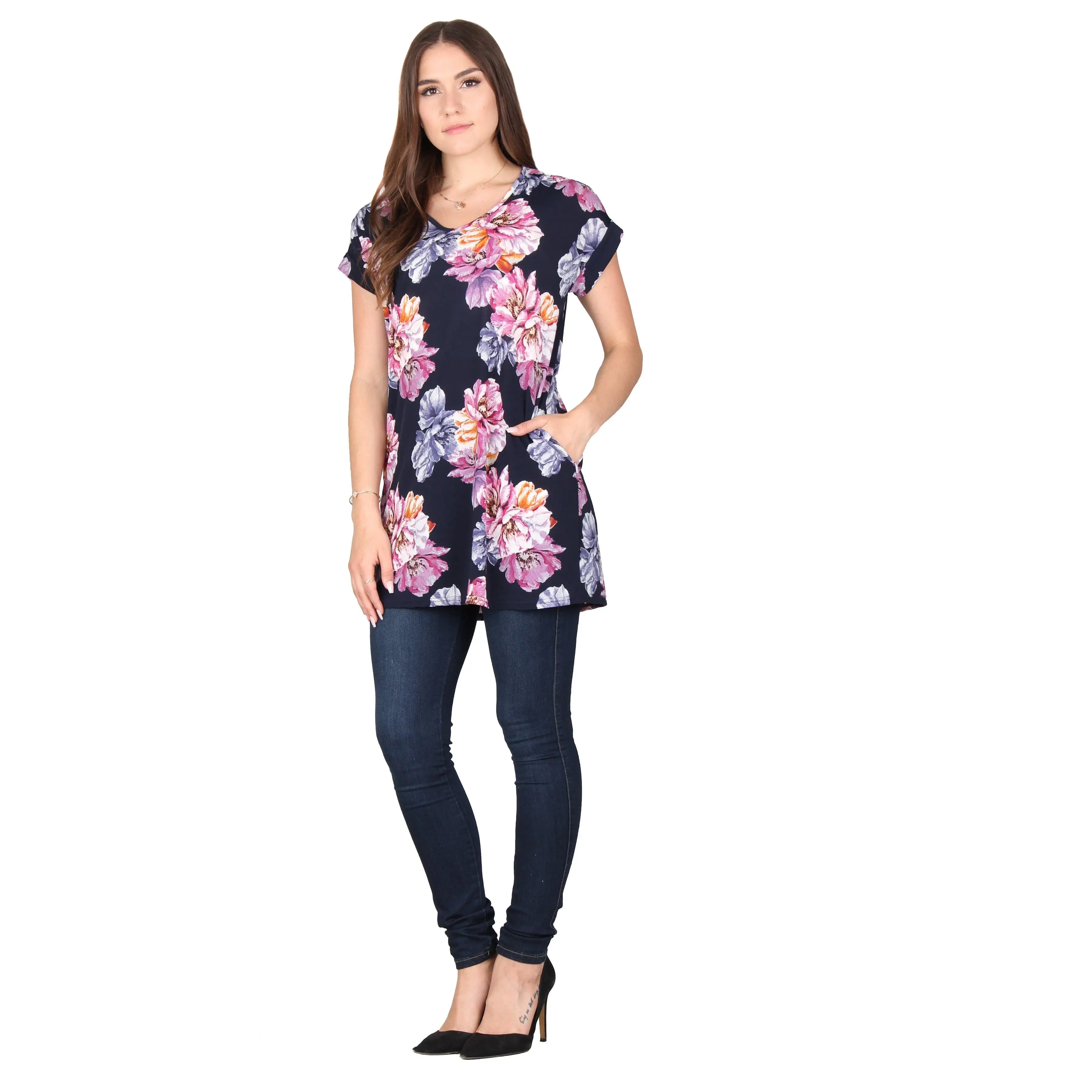 Plus Size Printed Short Sleeve Pocket Tunic