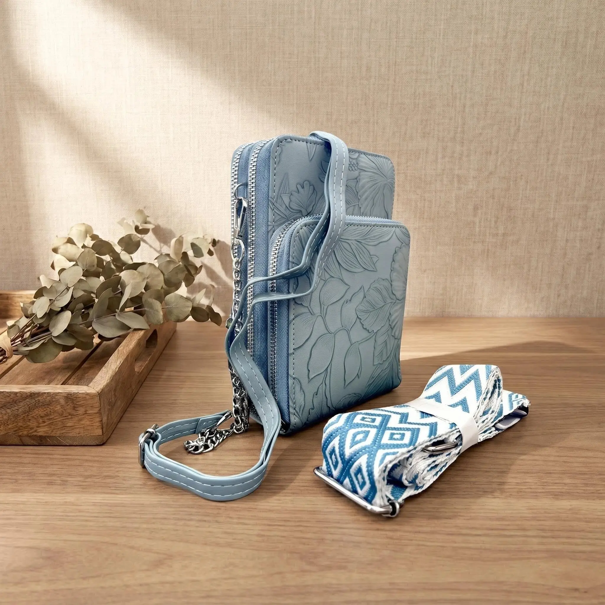 BagParty Fashion Crossbody Phone/Wallet Bag with Hibiscus Flower Print and Guitar Strap, Gift Choice for Family and Holiday
