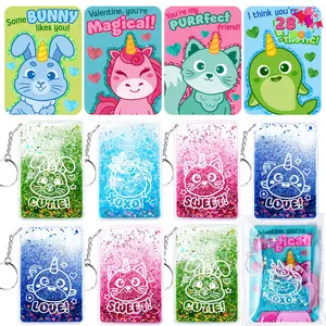 JOYIN 28 PCS Valentines Day Gifts for Kids Classroom, Unicorn Liquid Quicksand Keychain and Valentine Day Cards with Glitter, Keychain for Kids Classroom Exchange Cards, Boys Girls School Party Favors