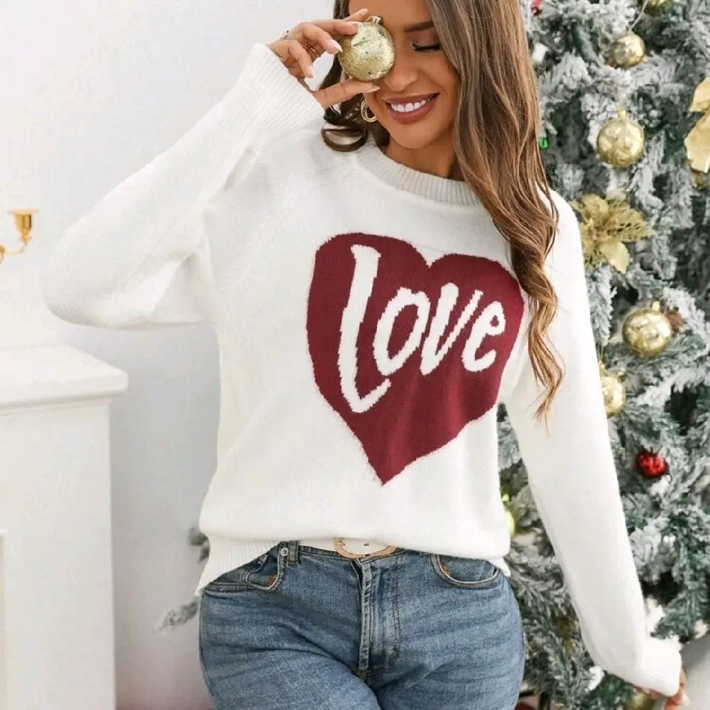 Heart Love White Drop Shoulder Sweater ,Christmas Sweater, Christmas Pattern Drop Shoulder Sweater for Autumn/Winter Casual Valentine's Day