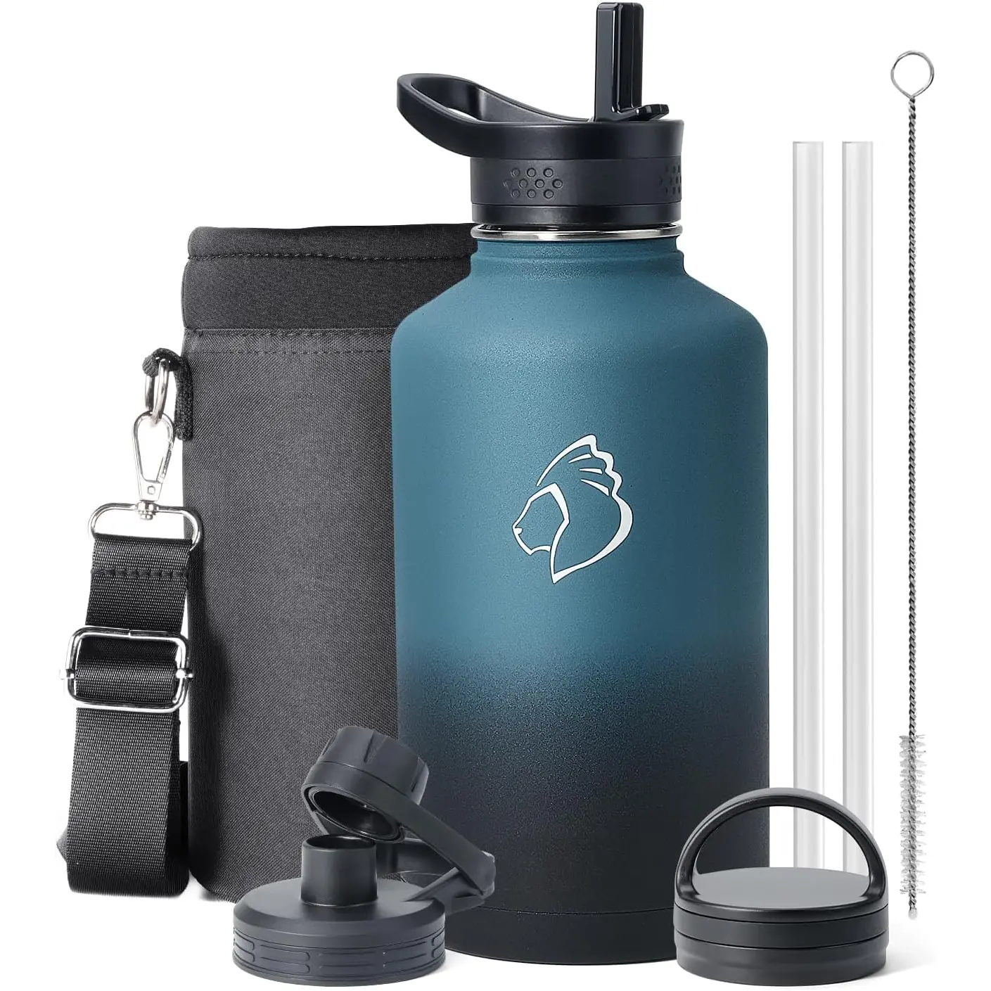 64 oz Water Bottle Insulated with Straw & 3 lid and Carrying Pouch, Leak Proof Half Gallon Stainless Steel Water Flask Jug, Cold for 48 Hrs Double Vacuum Thermo Canteen, BPA-Free, Indigo Crush