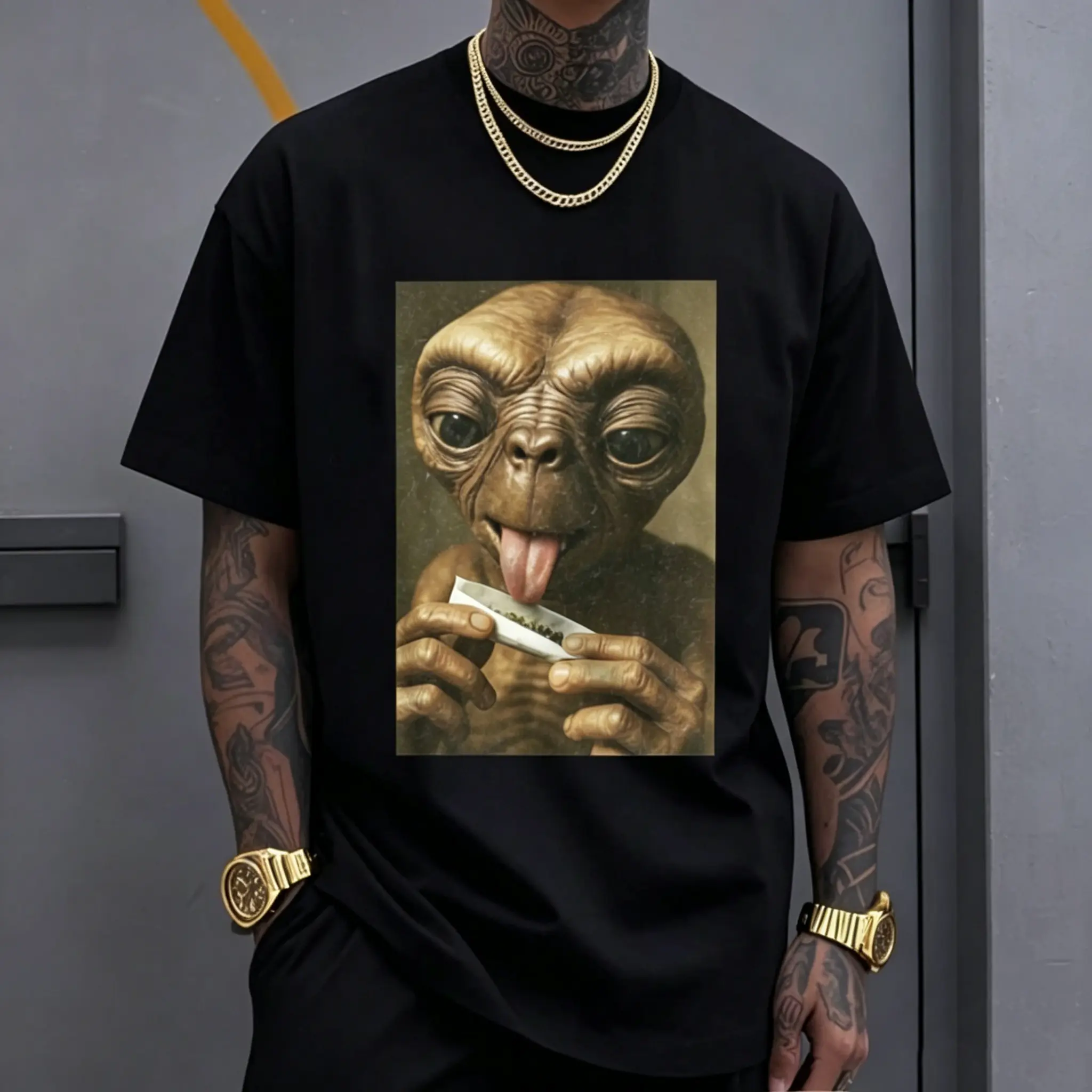 Men's Funny ET Alien Graphic T-Shirt,Casual Streetwear Tee With Vintage Humor Alien Print, Viral Meme Short Sleeve Top