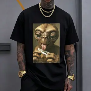 Men's Funny ET Alien Graphic T-Shirt,Casual Streetwear Tee With Vintage Humor Alien Print, Viral Meme Short Sleeve Top
