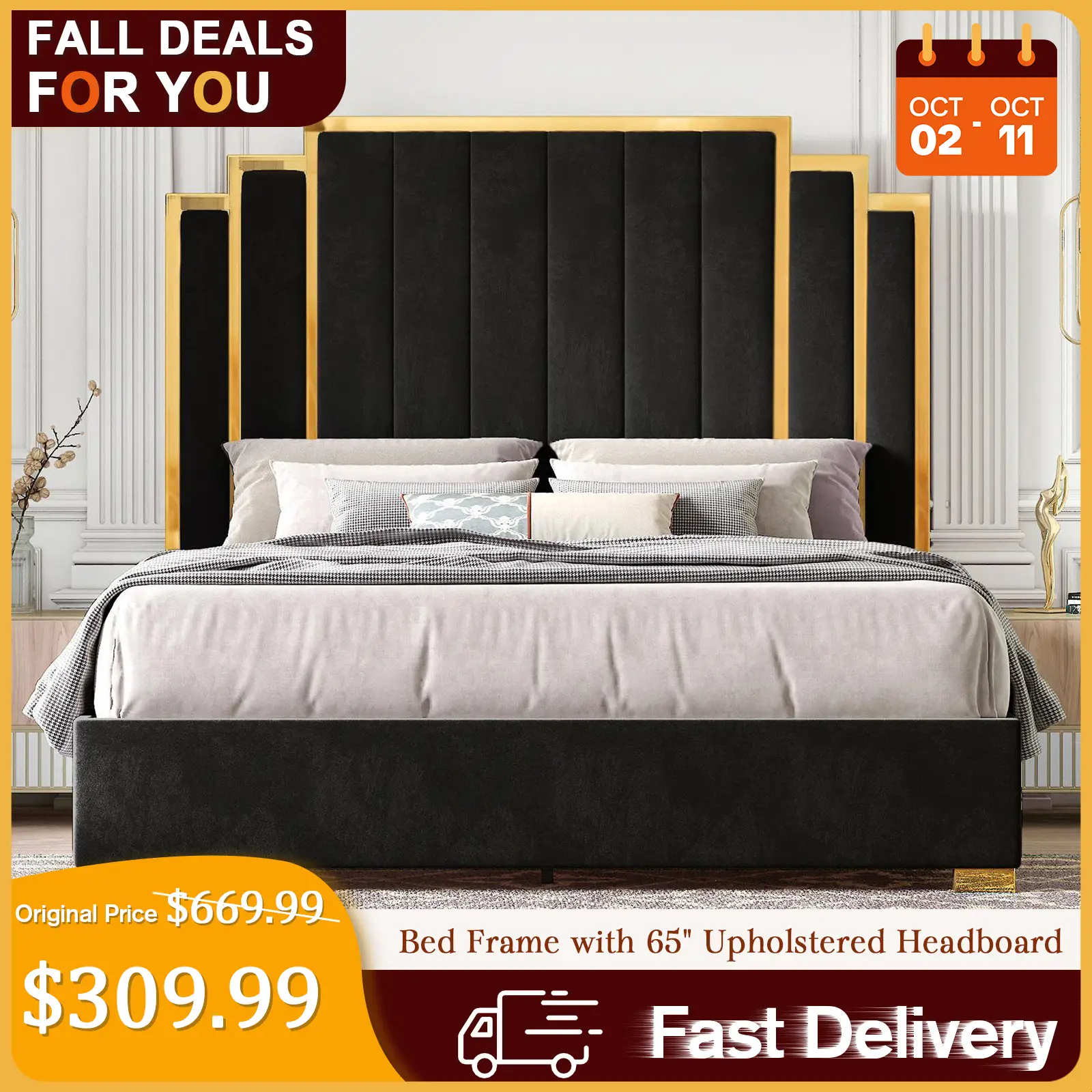 [TikTokShopfalldealsforyou] AMERLIFE Bed Frame with 65" Headboard, Upholstered Platform Bed with Golden Plating Trim, Modern Luxury Bed Frame, No Box