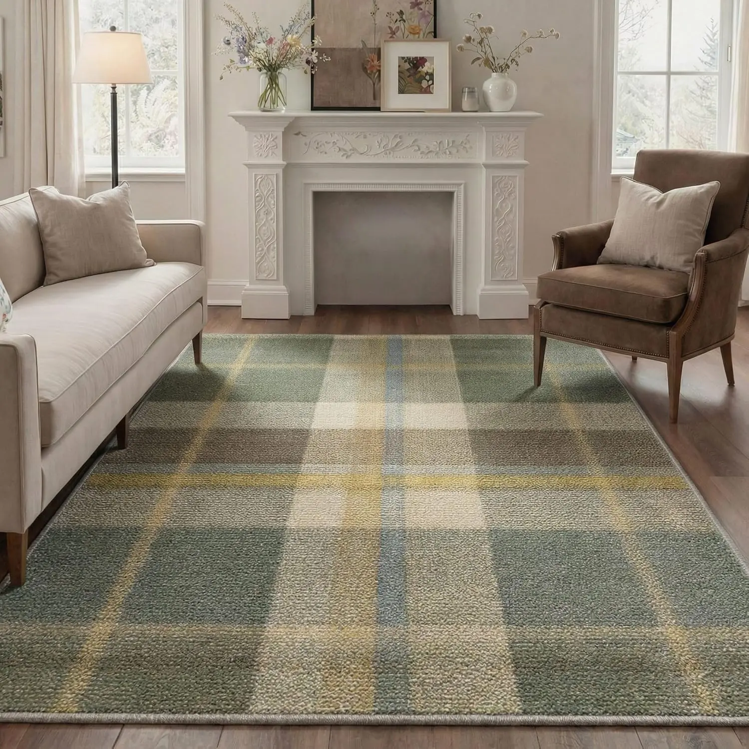 【Deals For You Days】GENIMO Washable Rug Non Slip Low Pile Lightweight Plaid Print Pattern Area Rugs for Living Room Bedroom Dining Room Indoor Home Decor Sage Green