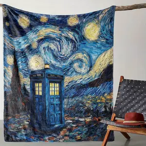 Doctor Who Tardis Blanket Starry Night Van Gogh Blue Space Art Fleece Throw Sci Fi Room Decor Geek Gifts Cozy Bedroom Aesthetic Trending Tiktok Finds Pop Culture Couch Sofa Cover Soft Warm Bedding British Tv Show Merch Time Lord Fan Accessories