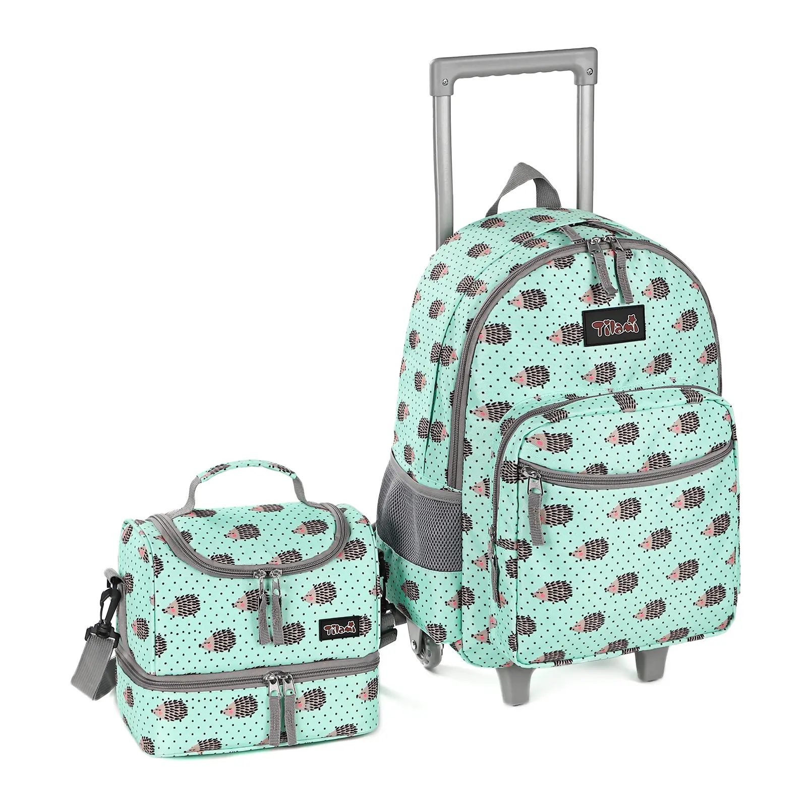 Tilami Rolling Backpack 18 inch Double Handle with Lunch Bag Wheeled Backpack for Girls and Boys, Hedgehog Green