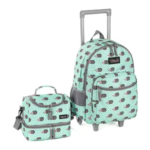 Tilami Rolling Backpack 18 inch Double Handle with Lunch Bag Wheeled Backpack for Girls and Boys, Hedgehog Green