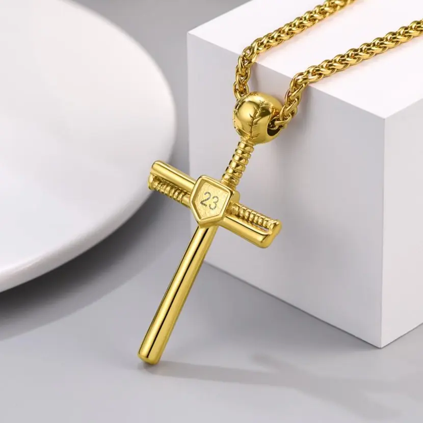 U7 Baseball Bat Cross Necklace Sport Fan Jewelry Stainless Steel